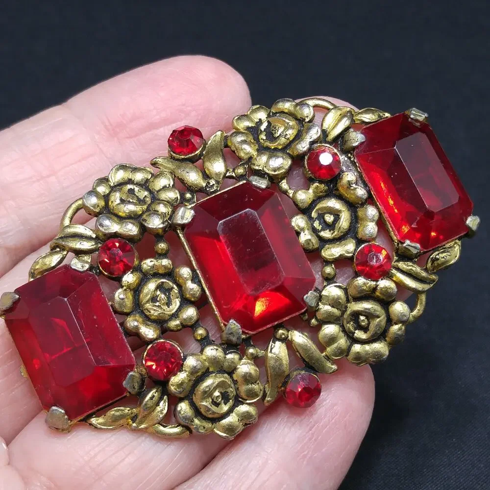 Art Nouveau Red Glass Floral Brooch, Three Red Emerald Cut Stones, 1930s Vintage